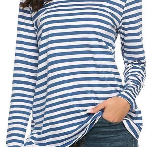 YEBIRAL Damen Pulli Langarmshirt Basic T-Shirt mit Streifen Rundhals Ausschnitt