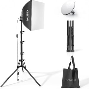 RALENO Softbox Fotostudio Set, 40 x 40 cm Fotolicht mit Stativ und LED Glühbirne (50W, 5500K, 97 CRI),