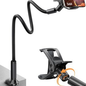 SAIJI Handy Halter für Bett, Schwanenhals Handy Halterung, 360° Drehbare Leder Superlanger Flexible Arm Mobile Halterung