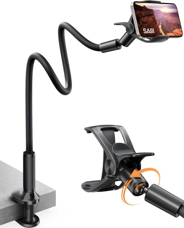 SAIJI Handy Halter für Bett, Schwanenhals Handy Halterung, 360° Drehbare Leder Superlanger Flexible Arm Mobile Halterung