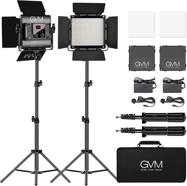 GVM 480 LED Videoleuchte mit Stativ, 2 Set Bi-Color 2300K-6800K Studiolicht Fotolicht Panel 13000Lux/0,5m